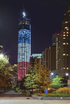 NEW YORK CITY - SEPTEMBER 16: One World Trade Center (known as the Freedom Tower) is shown under new  illumination on September 16, 2012 in New York, New York.