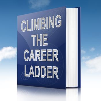 Illustration depicting a book with a career ladder concept title. Sky background.