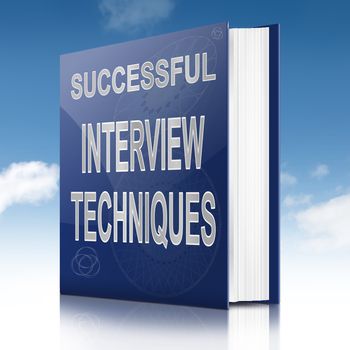 Illustration depicting a book with an interview technique concept title. Sky background.