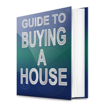 Illustration depicting a book with a house buying concept title. White background.