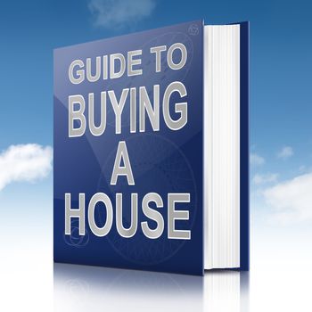 Illustration depicting a book with a house buying concept title. White background.