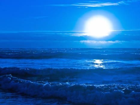 Blue Sunset Over the Ocean wth Waves in the Foreground 
