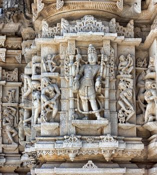  Ancient Sun Temple in Ranakpur. Jain Temple Carving.  Ranakpur, Rajasthan, Pali District, Udaipur, India. Asia.
