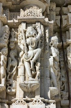  Ancient Sun Temple in Ranakpur. Jain Temple Carving.  Ranakpur, Rajasthan, Pali District, Udaipur, India. Asia.