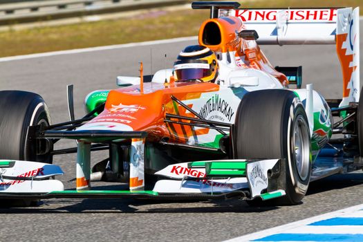 JEREZ DE LA FRONTERA, SPAIN - FEB 10: Nico Hülkenberg of Force India F1 races on training session on February 10 , 2012, in Jerez de la Frontera , Spain