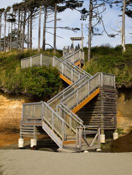 A Wooden Staircase Leading Down a Wooded Hillside to the Beach