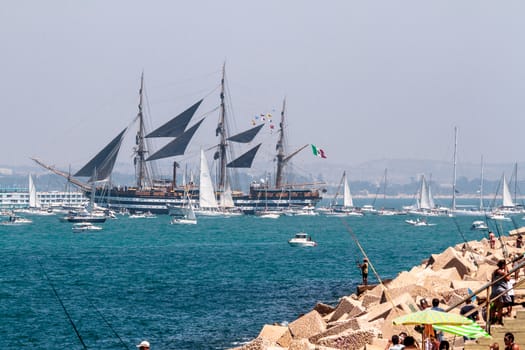 CADIZ, SPAIN - JUL 29: Italian Navy Ship, Amerigo Vespucci setting sail on the Tall ship races 2012 on July 29 , 2012, in Cadiz , Spain