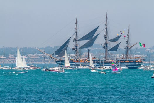 CADIZ, SPAIN - JUL 29: Italian Navy Ship, Amerigo Vespucci setting sail on the Tall ship races 2012 on July 29 , 2012, in Cadiz , Spain