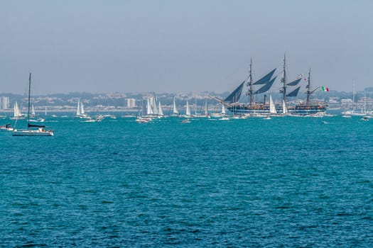 CADIZ, SPAIN - JUL 29: Italian Navy Ship, Amerigo Vespucci setting sail on the Tall ship races 2012 on July 29 , 2012, in Cadiz , Spain