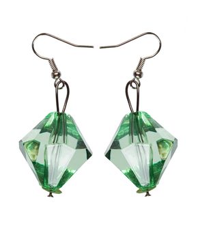 Earrings made of green glass faceted. Isolated on white background