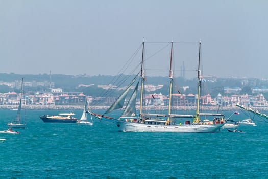 CADIZ, SPAIN - JUL 29: Polish Ship, Kapitan Borchardt setting sail on the Tall ship races 2012 on July 29 , 2012, in Cadiz , Spain