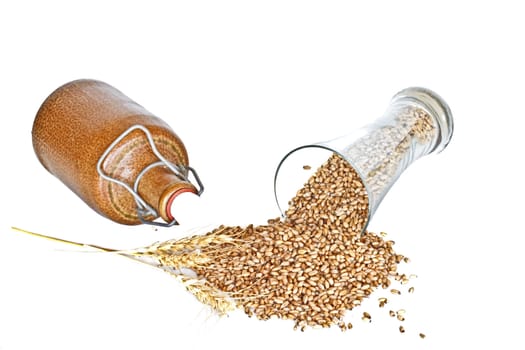 Glass of beer with wheat grain on a white background