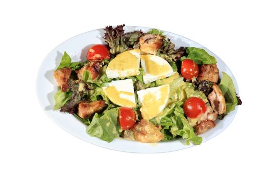 green salad with chicken white cheese and mustard sauce isolated on a white background