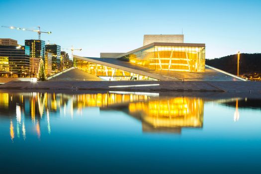 Oslo Cityscape woth Opera House shine at dusk, morning twilight,  Norway