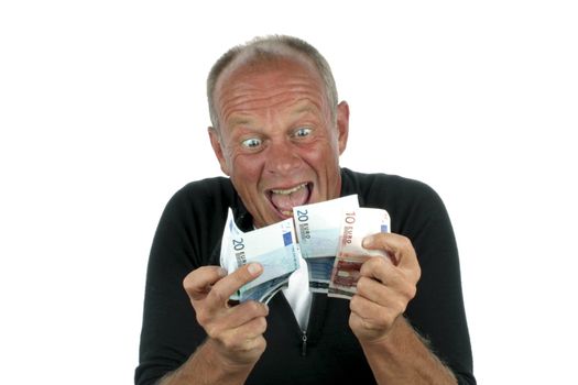 Man totally excited after winning the lotery on a white background