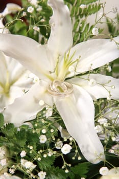 close up of wedding rings and flowers