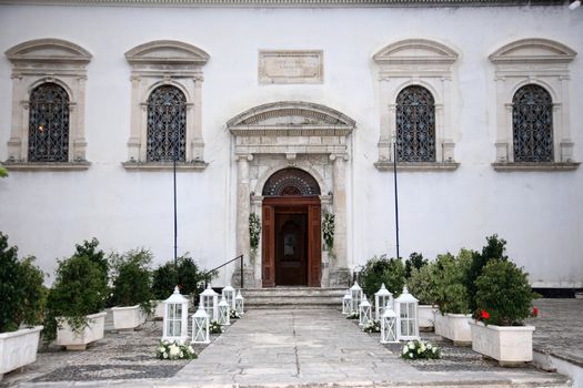 decoration of church with flowers and lanterns