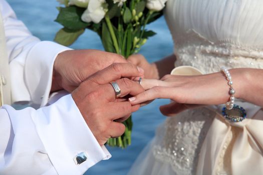 Bride and groom change rings at their wedding