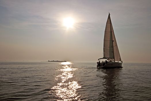 Sailing at Pampus Amsterdam the Netherlands at sunset