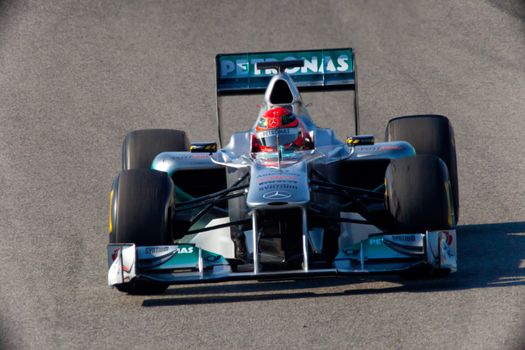 JEREZ DE LA FRONTERA, SPAIN - FEB 11: Michael Schumacher of Mercedes F1 races on training session on February 11 , 2011, in Jerez de la Frontera , Spain