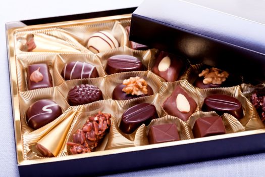 collection of different sweet chocolate pralines closeup background present sugar