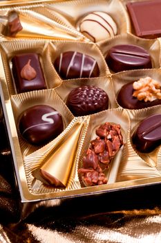 collection of different sweet chocolate pralines closeup background present sugar