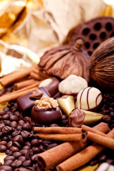 collection of different sweet chocolate pralines closeup background present sugar