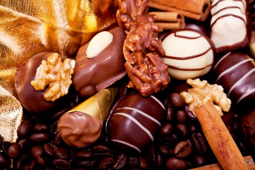 collection of different sweet chocolate pralines closeup background present sugar