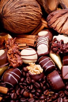 collection of different sweet chocolate pralines closeup background present sugar