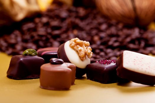 collection of different sweet chocolate pralines closeup background present sugar