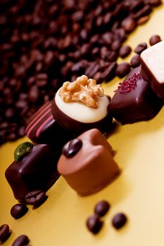 collection of different sweet chocolate pralines closeup background present sugar