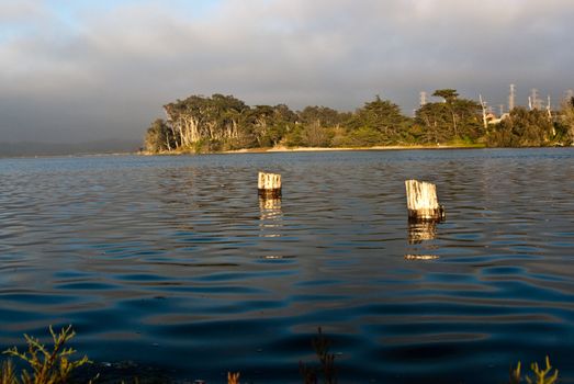 Fog rolls out of inlet at Moss Landing California