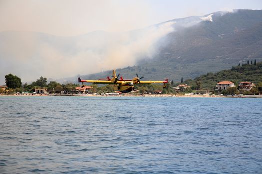 ZAKYNTHOS, GREECE- AUG 1: Canadair CL-415 or Bombardier 415 approaching the sea to take water during big fire at the mountain close to the village Alykes, August 01, 2012 Zakynthos, Greece