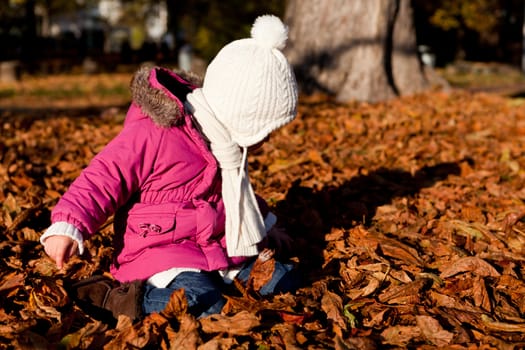 cute littloe girl playing outdoor in colorfull autumn park