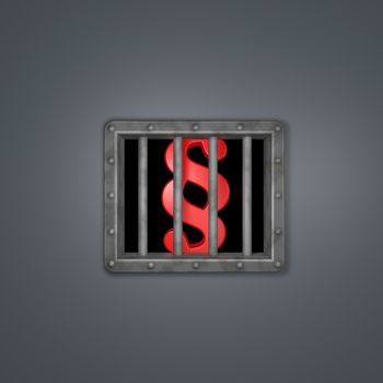 metal paragraph symbol behind prison window - 3d illustration