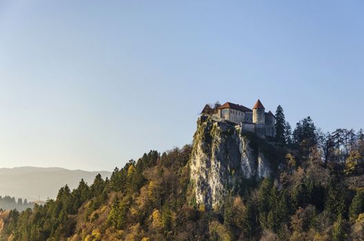 Bled castle on top of the hill dominating the area, Slovenia.