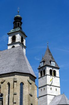 Close up view on two church towers, Kitzb