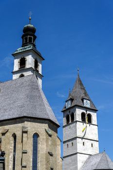 Close up view on two church towers, Kitzb