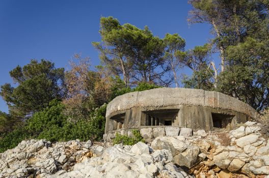 Machine gun nest on island of Grgur in Croatia is remain of guard watch that was preventing escape of female political prisioners of former Yugoslavia.