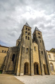 Romanesque church of Paray le Monial entrance with towers, France.