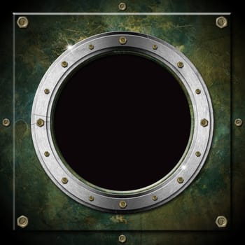 Dark green and gray metallic porthole with bolts and black hole (window) 
