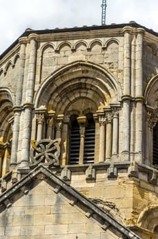 Romanesque bell tower details and architectural elements, Burgundy, France.
