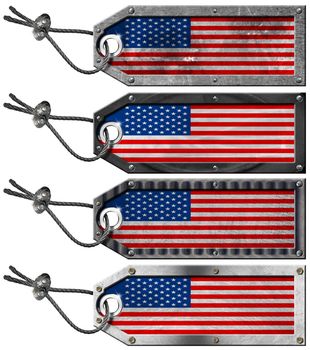 Four grunge metallic tags with USA flags, steel cable and metal rivets
