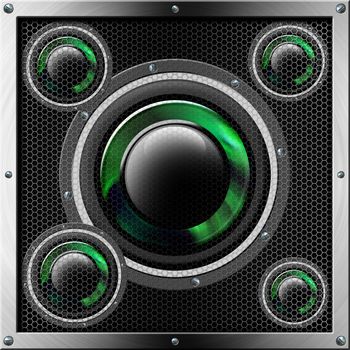 Acoustic system with green and black woofer and protection with hexagonal holes
