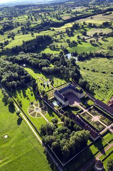 Aerial view over landscape of Burgundy with Chateau de Dr