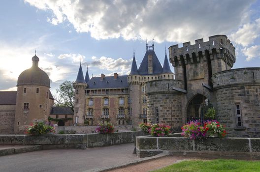 La Clayette castle with drawbridge gates, France.