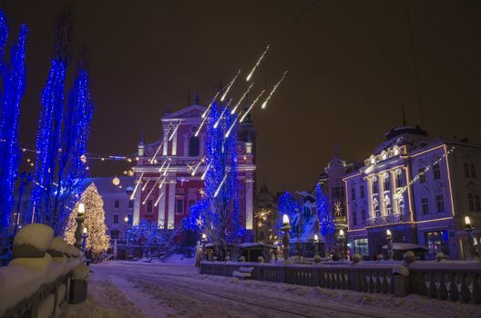 Preseren square winter festive decoration viewed from Triple bridge. Ljubljana, Slovenia, on December 8, 2012.