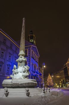 Ljubljana townhall square with recplica of Robba fountain in the winter time at night. Ljubljana, Slovenia, on December 8, 2012.