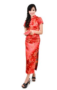 pretty women with cheongsam ,In Chinese new year a red packet is a monetary gift