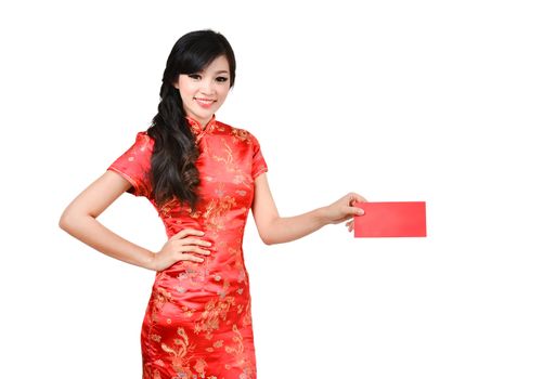 pretty women with cheongsam ,In Chinese new year a red packet is a monetary gift